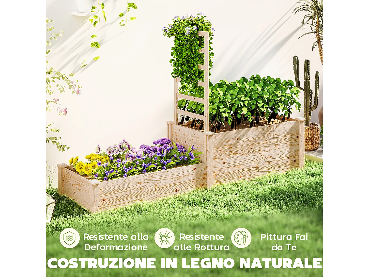 Fioriera rialzata con grigliato per rampicanti e divisorio in legno