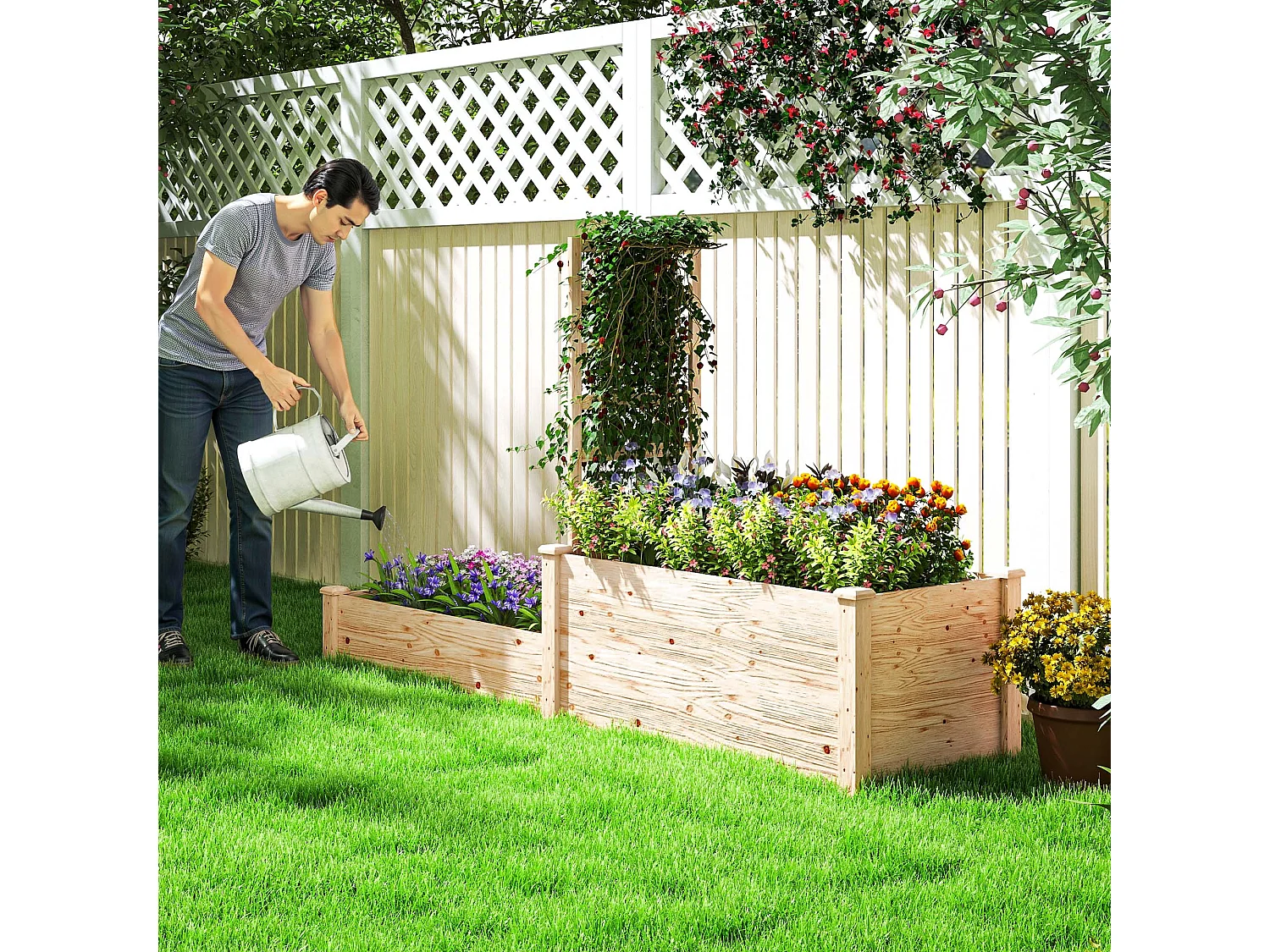 Fioriera rialzata con grigliato per rampicanti e divisorio in legno
