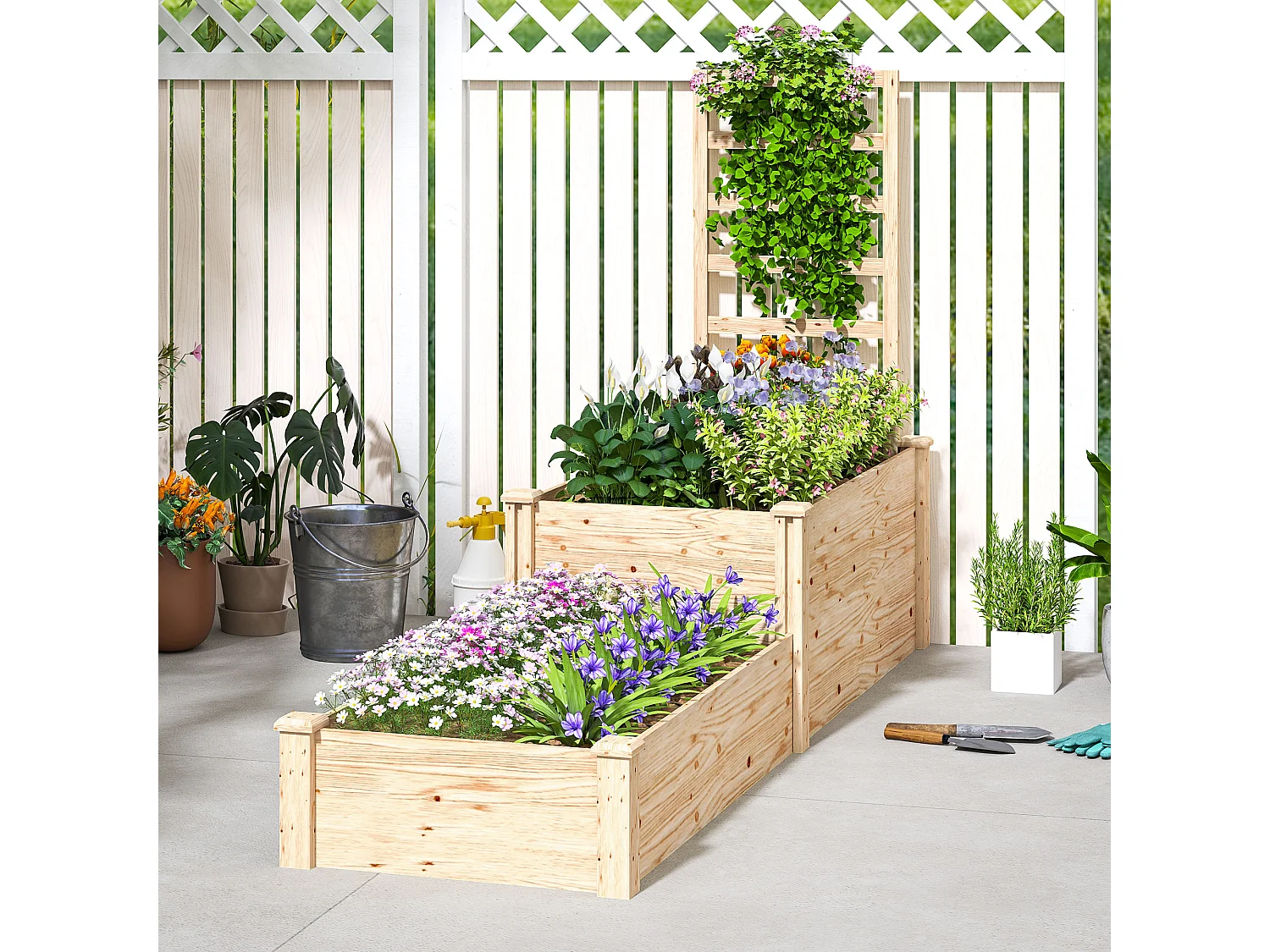 Fioriera rialzata con grigliato per rampicanti e divisorio in legno