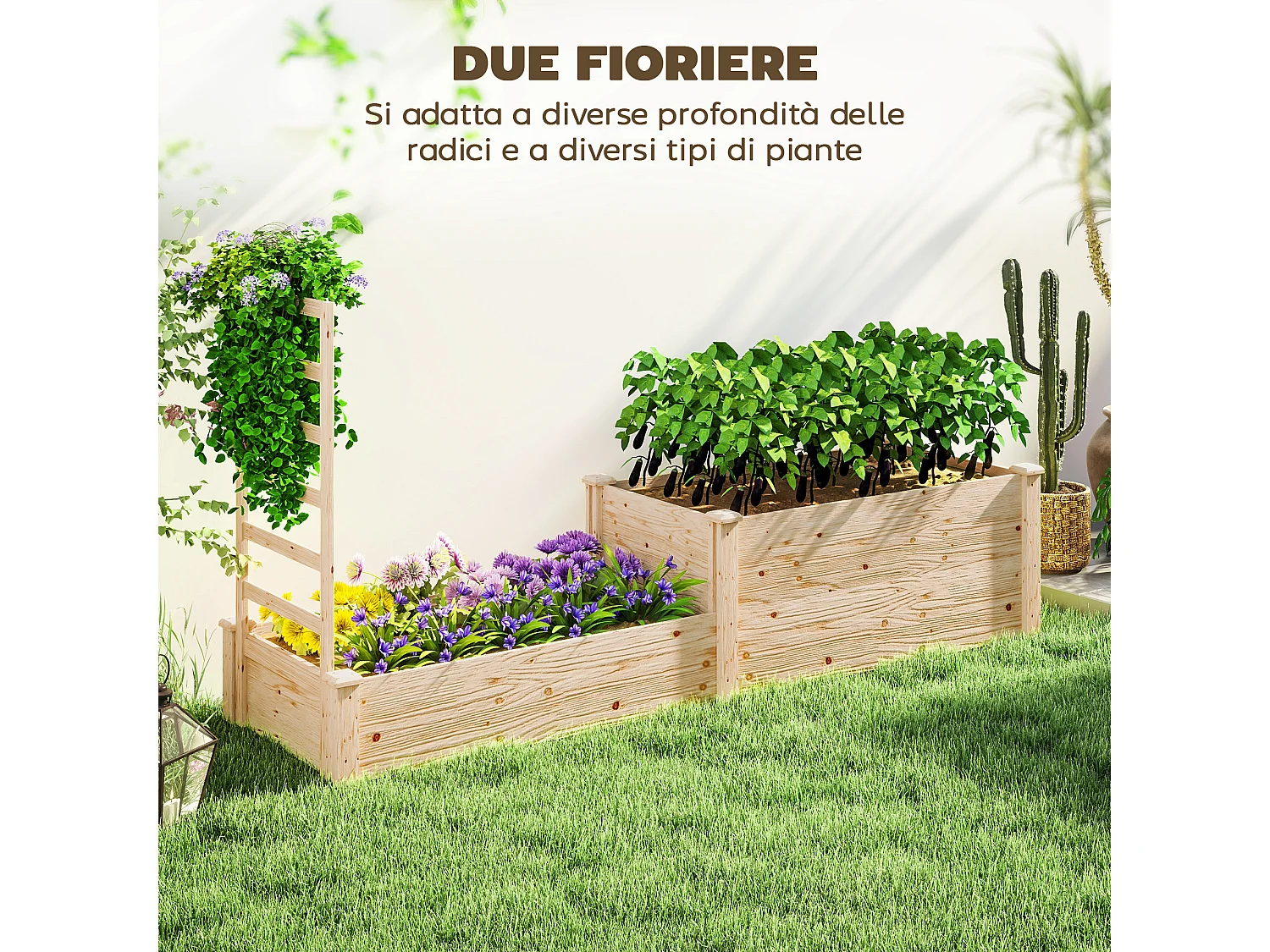 Fioriera rialzata con grigliato per rampicanti e divisorio in legno