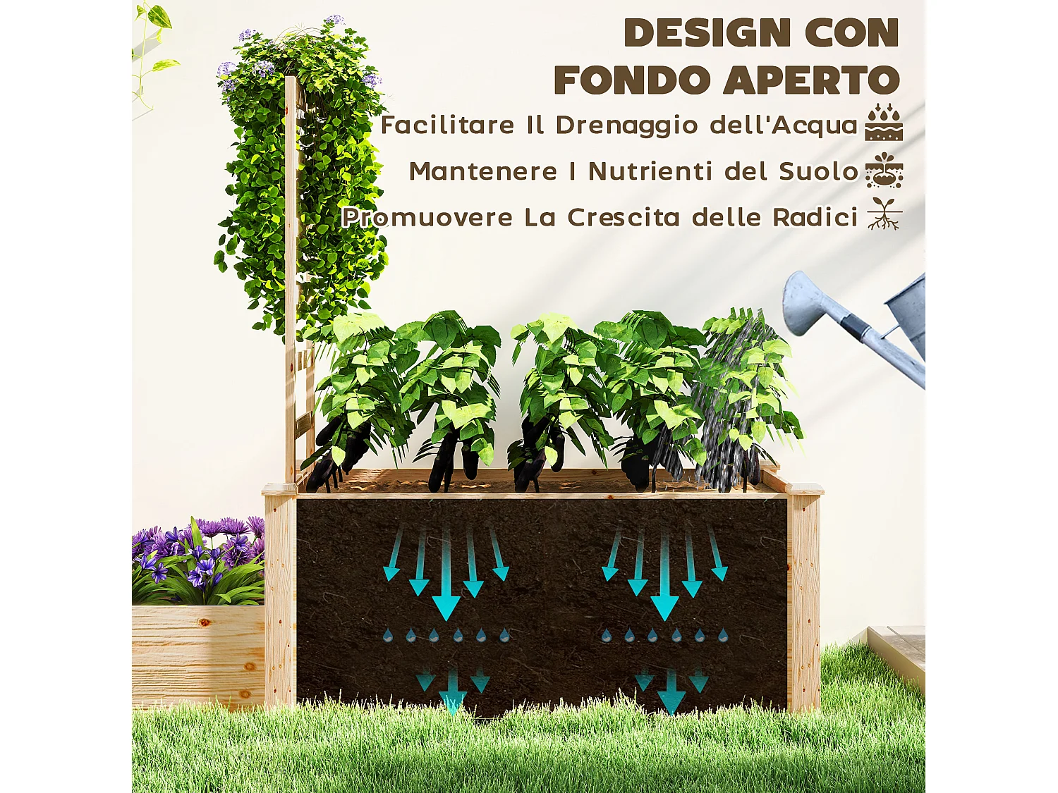 Fioriera rialzata con grigliato per rampicanti e divisorio in legno