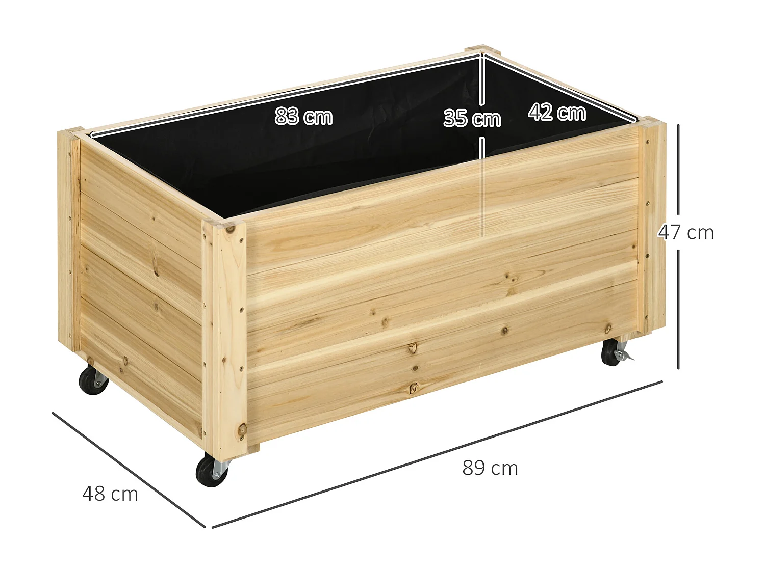 Fioriera da giardino in legno di abete con foro di drenaggio e fodera