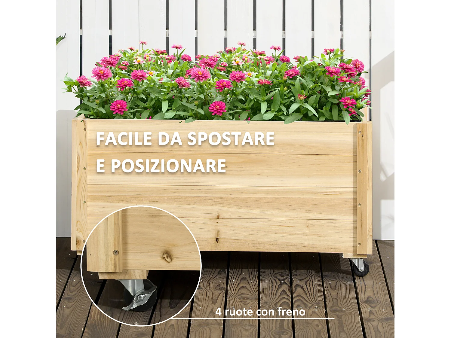 Fioriera da giardino in legno di abete con foro di drenaggio e fodera