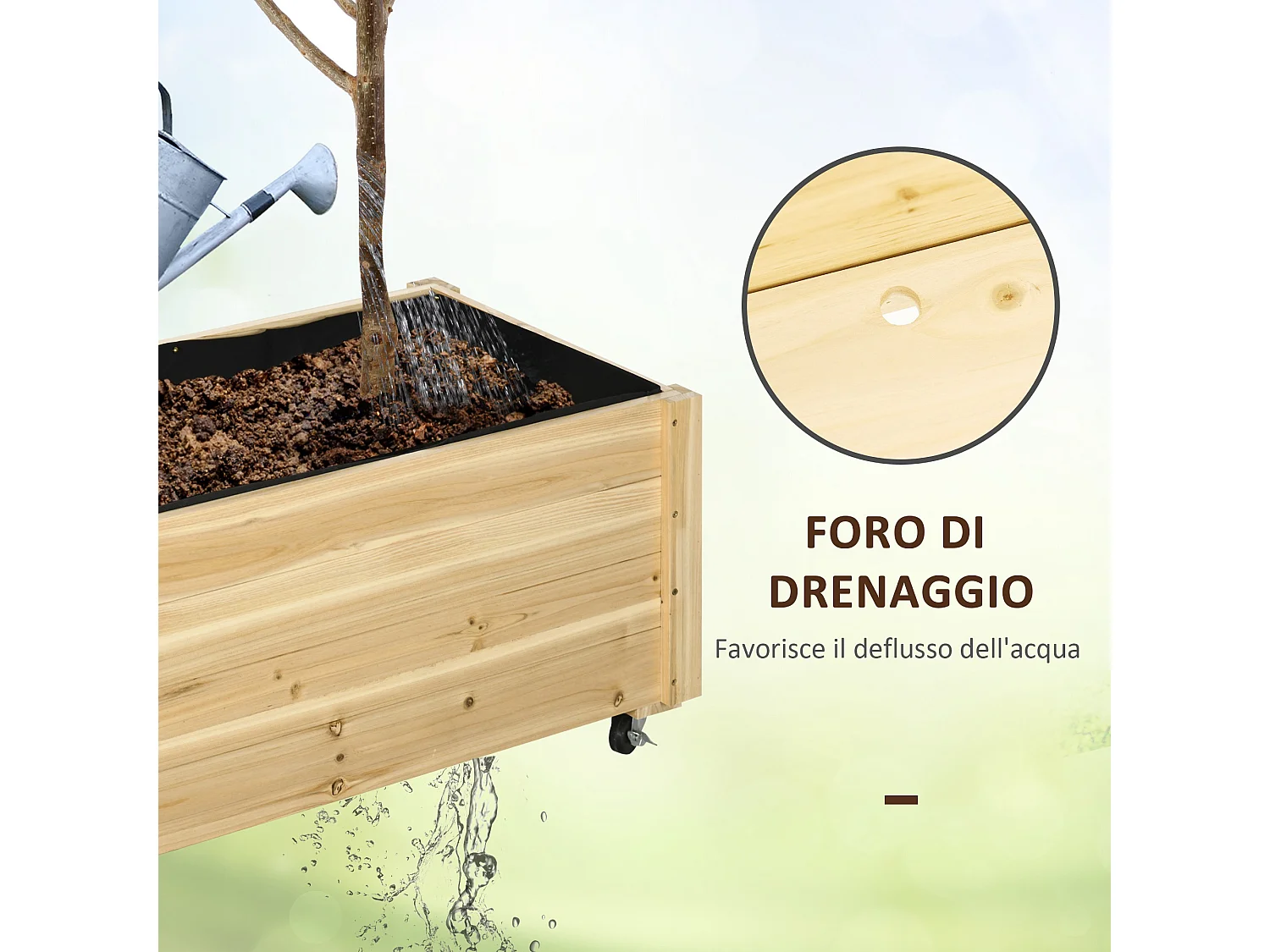 Fioriera da giardino in legno di abete con foro di drenaggio e fodera