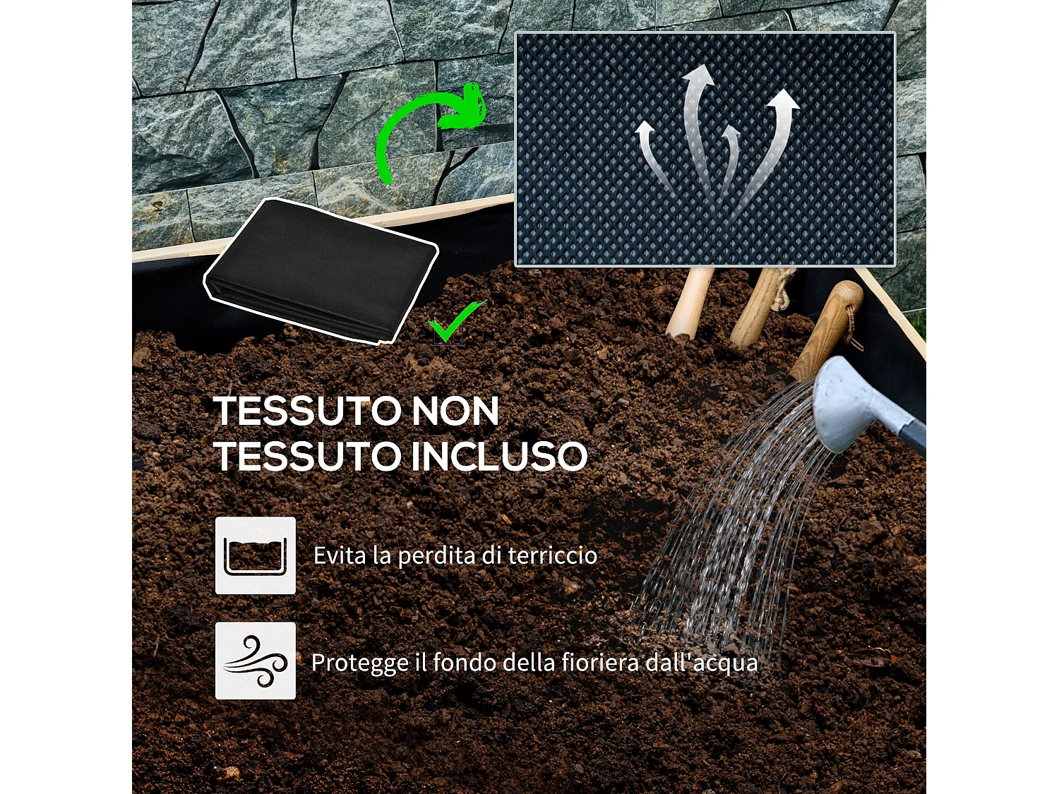 Fioriera da giardino in legno di abete con foro di drenaggio e fodera