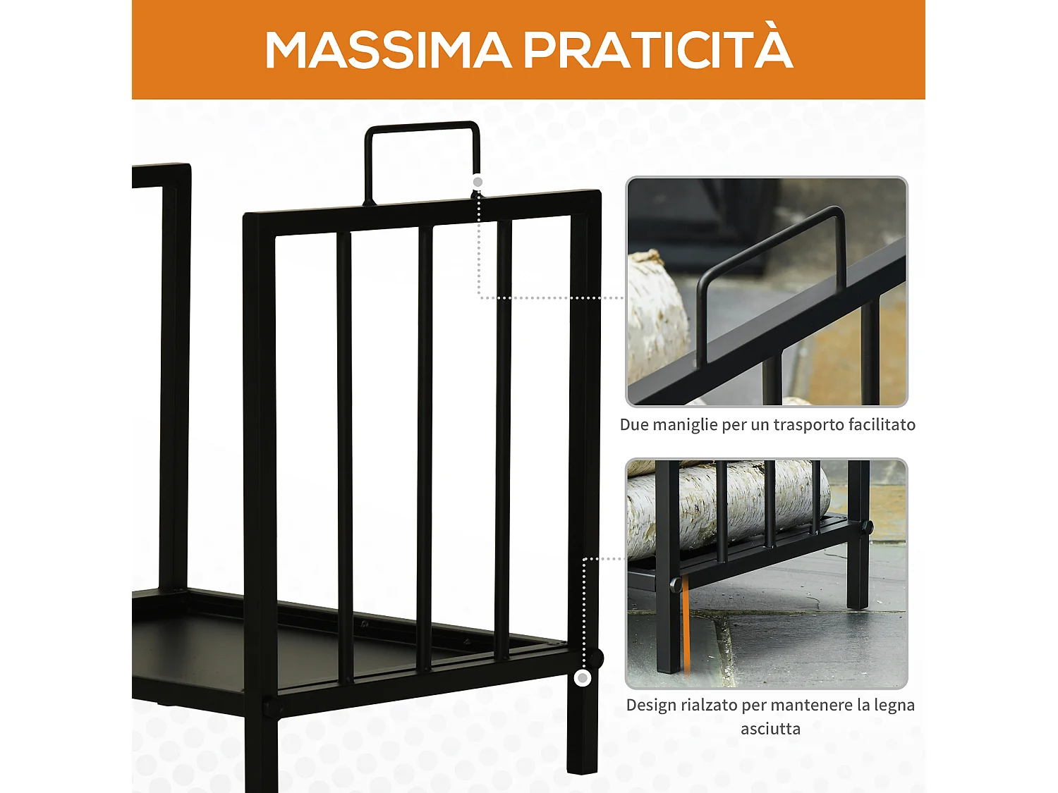 Portalegna da esterno e interno in metallo rialzato 2 manici