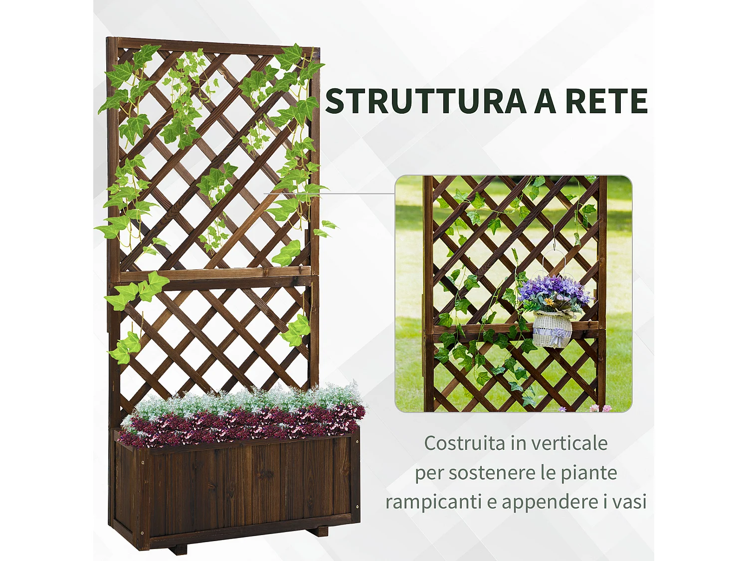 Fioriera da esterno con spalliera a griglia e vaso in legno