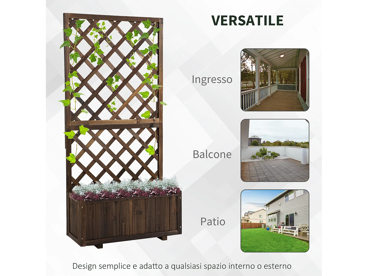 Fioriera da esterno con spalliera a griglia e vaso in legno