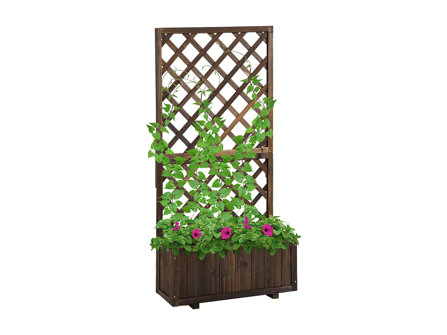 Fioriera da esterno con spalliera a griglia e vaso in legno