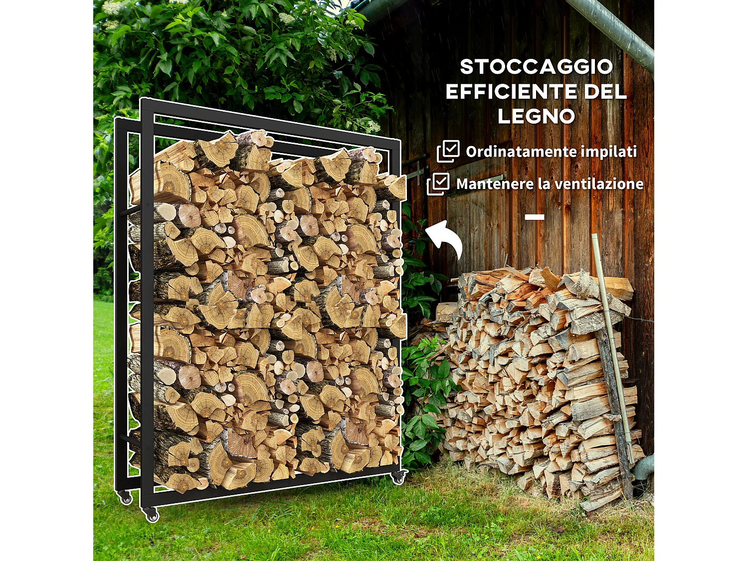 Portalegna da esterno e interno con 4 ruote in acciaio nero