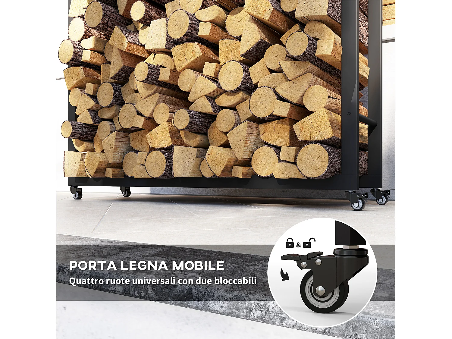 Portalegna da esterno e interno con 4 ruote in acciaio nero