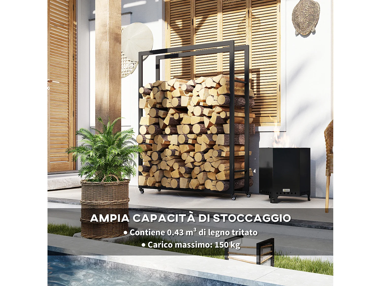 Portalegna da esterno e interno con 4 ruote in acciaio nero