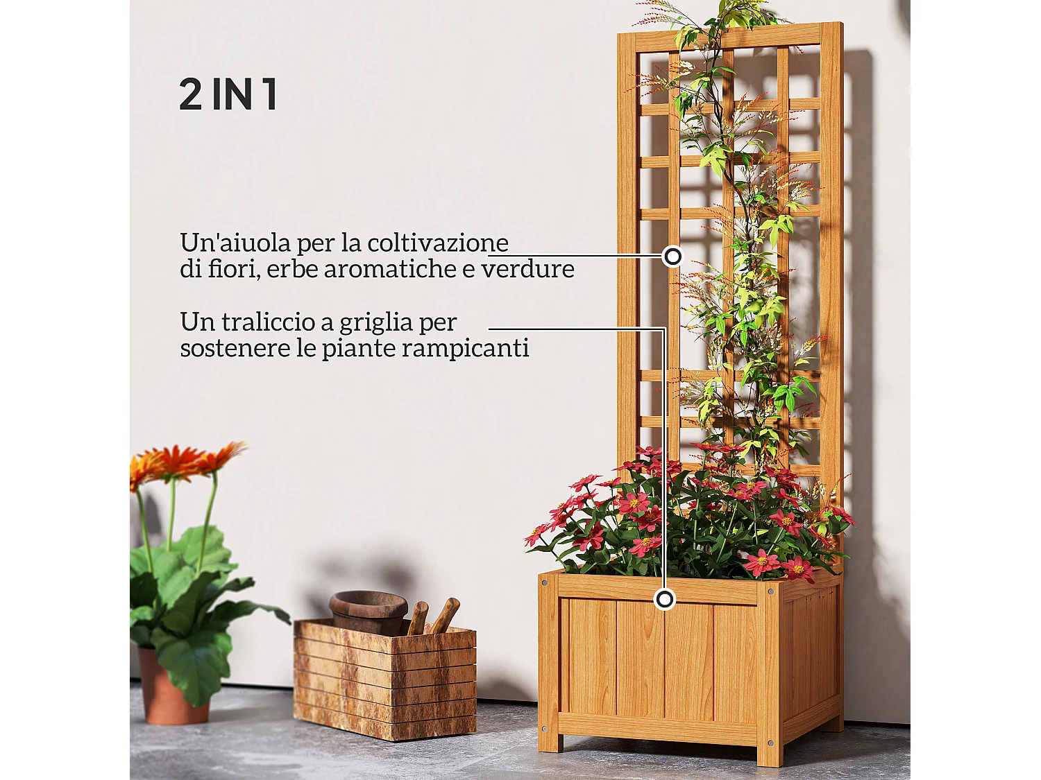 Fioriera con traliccio per rampicanti in legno di abete marrone