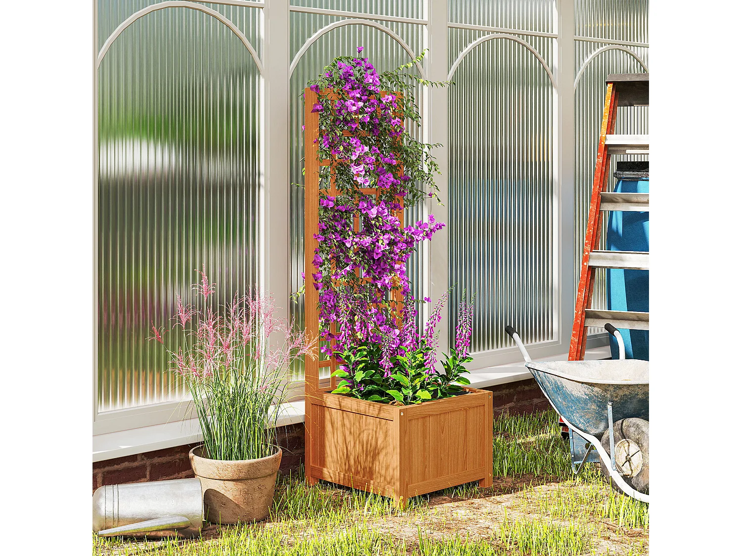 Fioriera con traliccio per rampicanti in legno di abete marrone