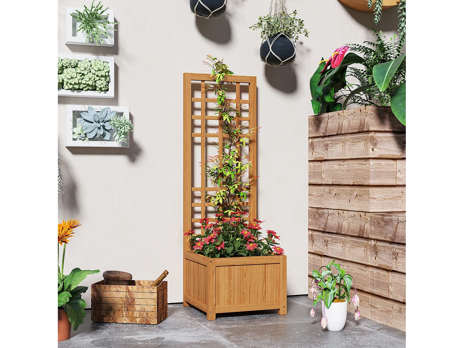 Fioriera con traliccio per rampicanti in legno di abete marrone