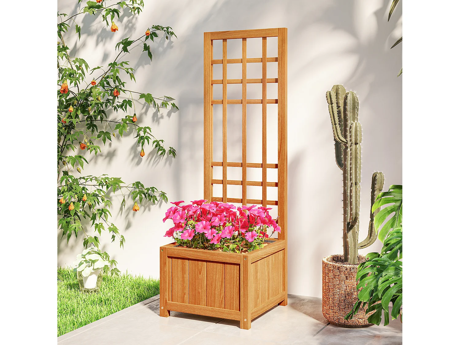 Fioriera con traliccio per rampicanti in legno di abete marrone