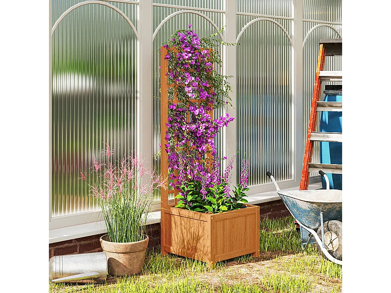 Fioriera con traliccio per rampicanti in legno di abete marrone