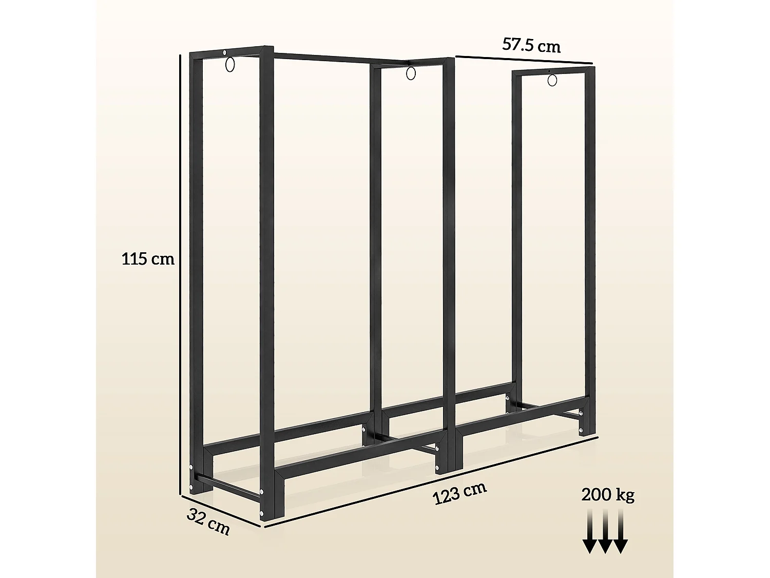 Portalegna a 2 sezioni con 6 gambe e 3 ganci in acciaio nero
