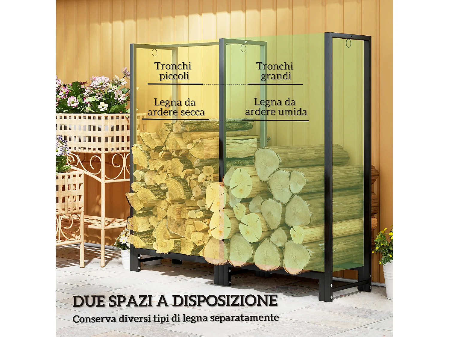 Portalegna a 2 sezioni con 6 gambe e 3 ganci in acciaio nero