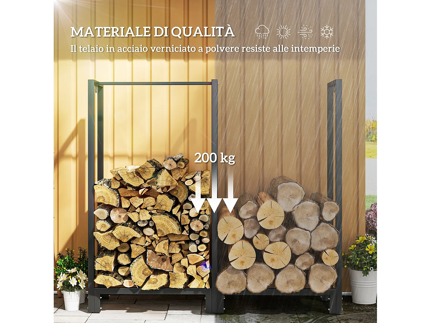 Portalegna a 2 sezioni con 6 gambe e 3 ganci in acciaio nero