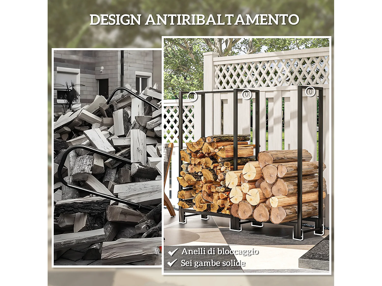 Portalegna a 2 sezioni con 6 gambe e 3 ganci in acciaio nero