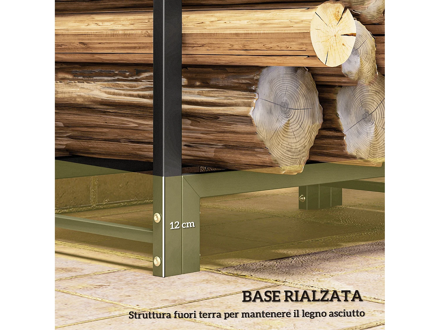 Portalegna a 2 sezioni con 6 gambe e 3 ganci in acciaio nero