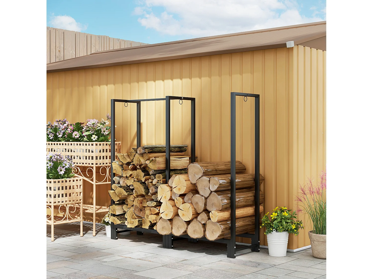 Portalegna a 2 sezioni con 6 gambe e 3 ganci in acciaio nero