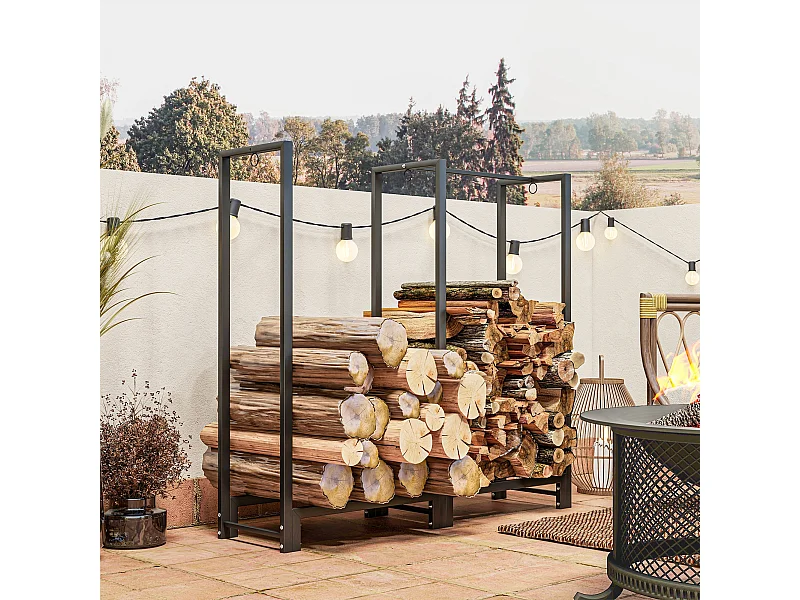 Portalegna a 2 sezioni con 6 gambe e 3 ganci in acciaio nero