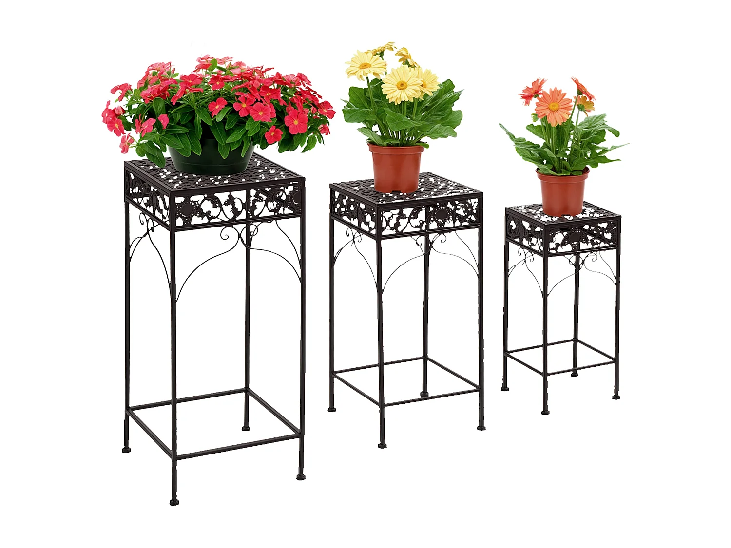 Set di 3 pezzi sgabelli supporto per piante classico in ferro marrone