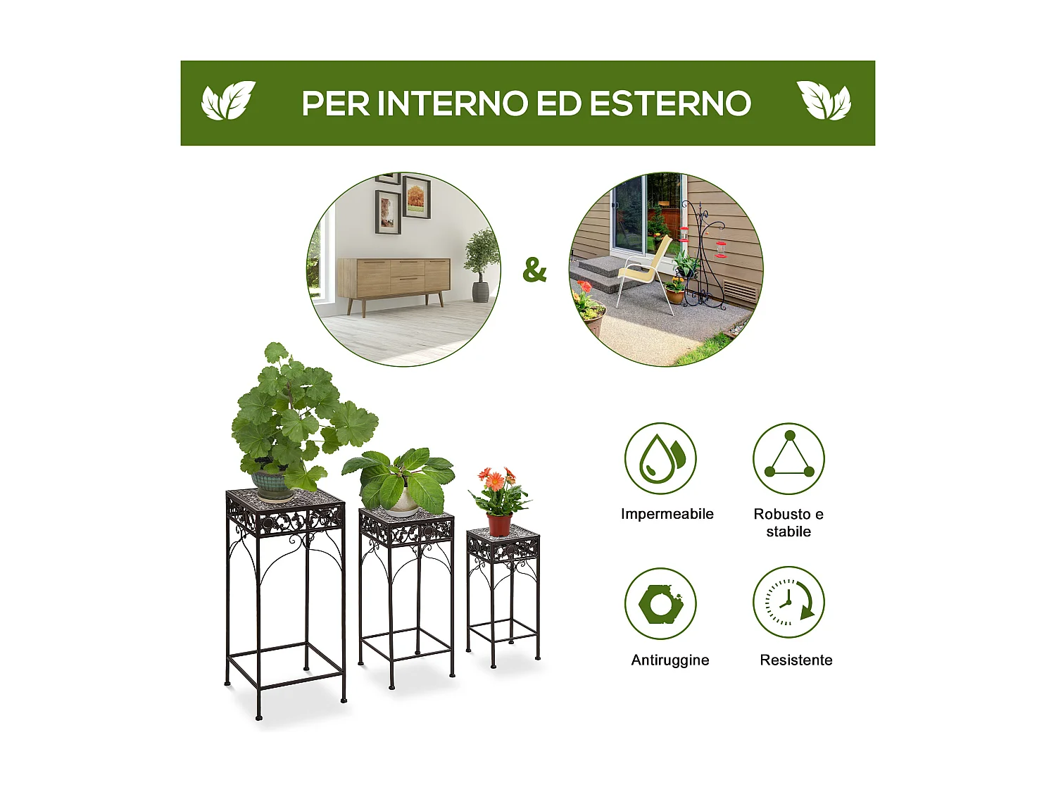 Set di 3 pezzi sgabelli supporto per piante classico in ferro marrone