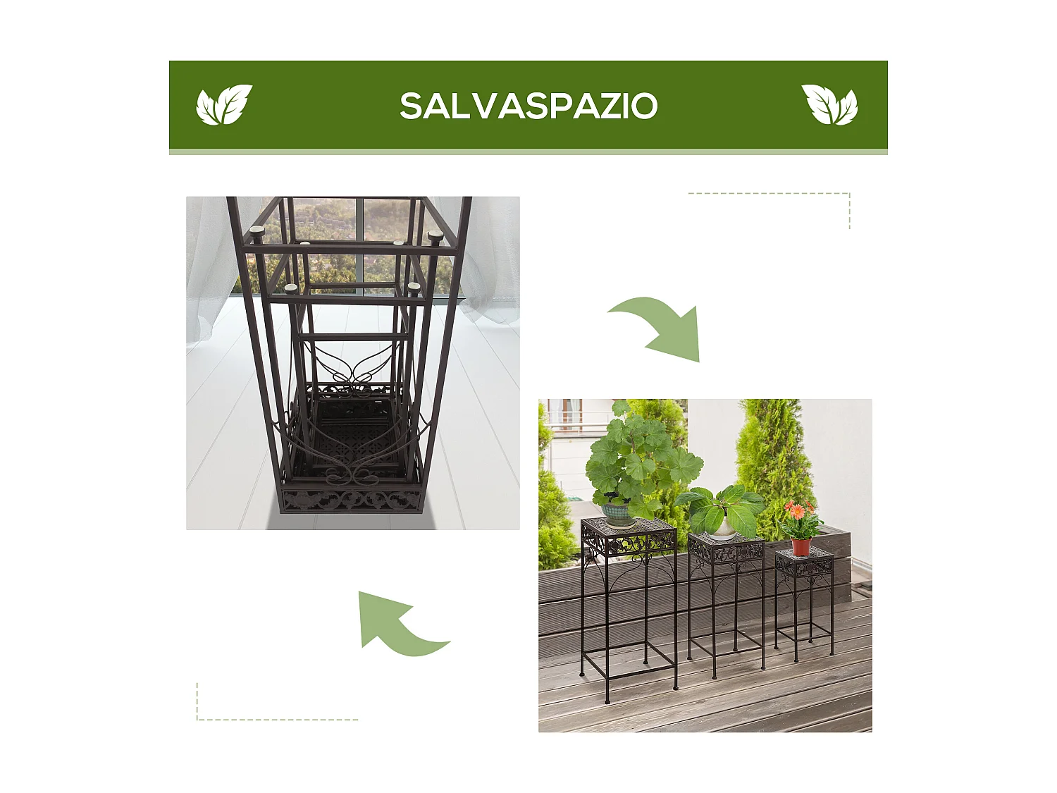 Set di 3 pezzi sgabelli supporto per piante classico in ferro marrone