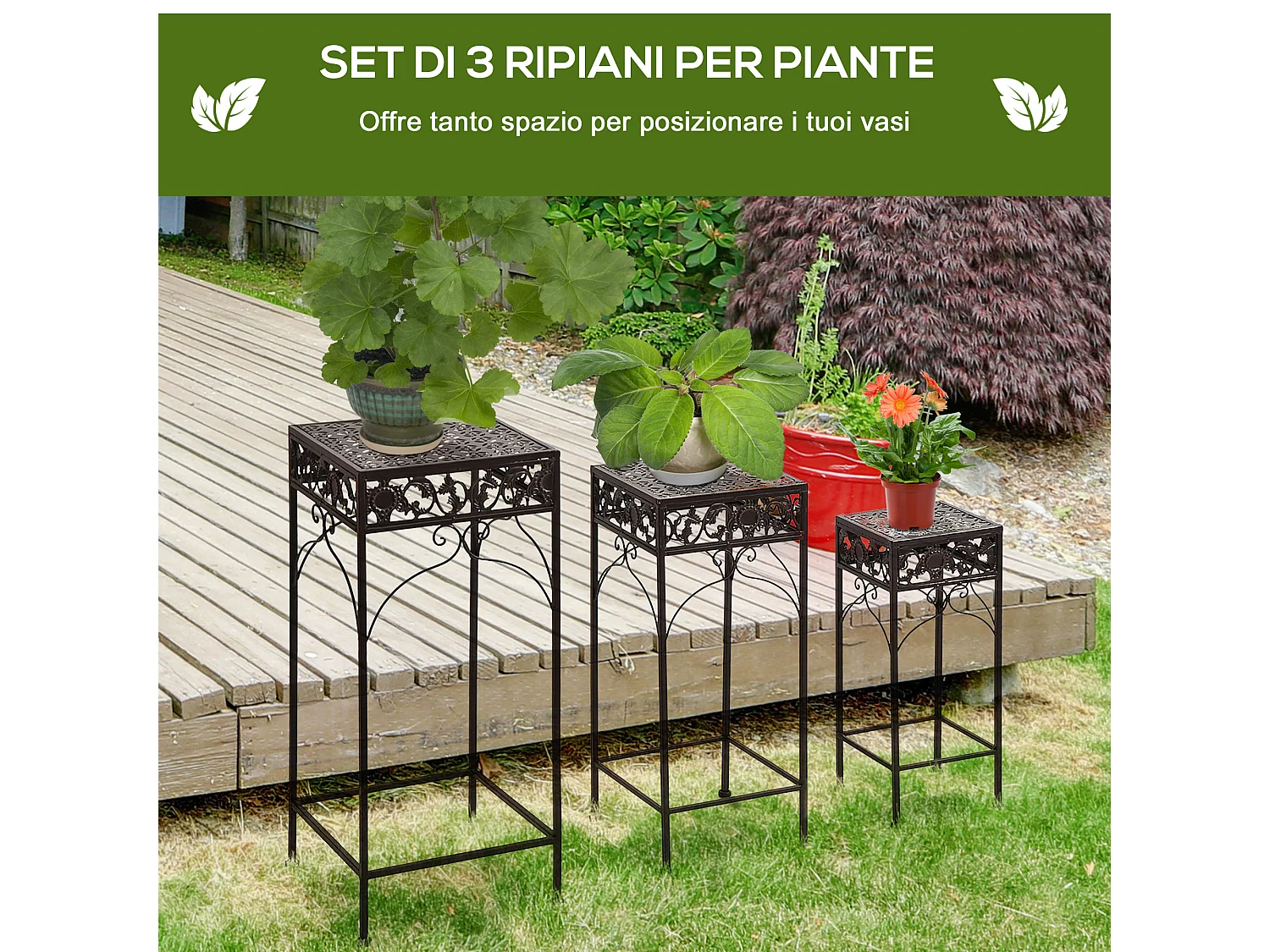 Set di 3 pezzi sgabelli supporto per piante classico in ferro marrone