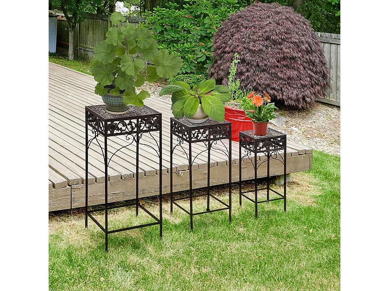 Set di 3 pezzi sgabelli supporto per piante classico in ferro marrone