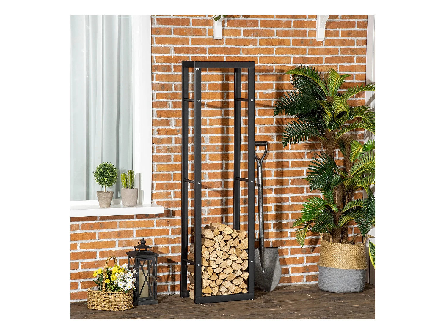 Porta legna verticale in metallo nero da interni e esterni 40x25x150cm