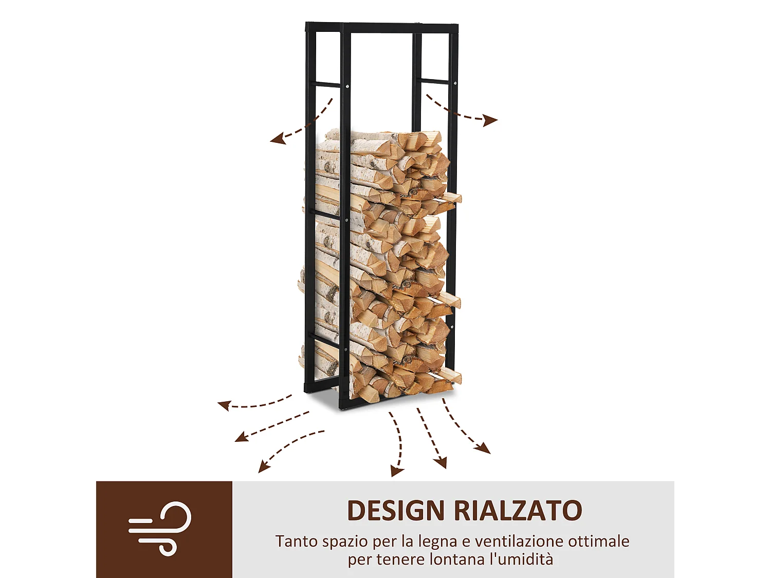 Porta legna verticale in metallo nero da interni e esterni 40x25x150cm