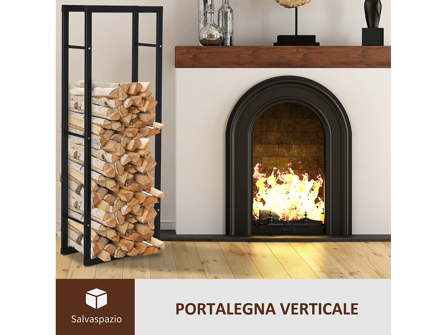 Porta legna verticale in metallo nero da interni e esterni 40x25x150cm