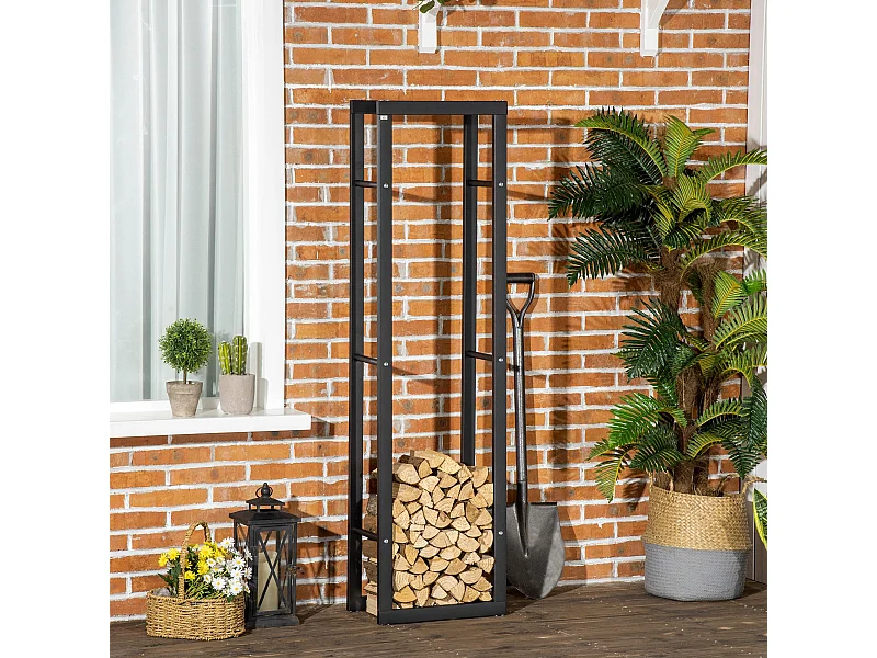 Porta legna verticale in metallo nero da interni e esterni 40x25x150cm