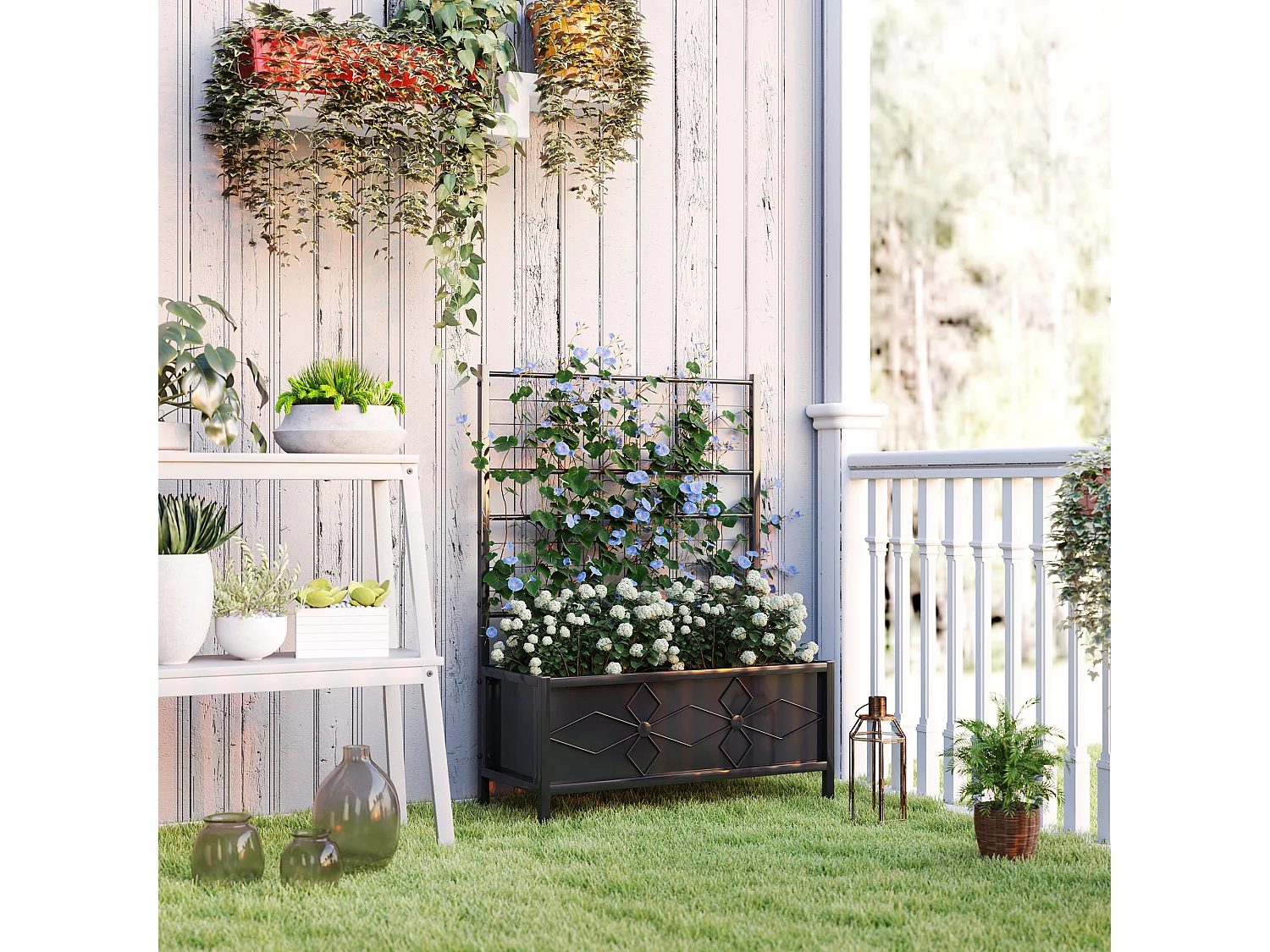 Fioriera con traliccio per rampicanti in acciaio zincato nero