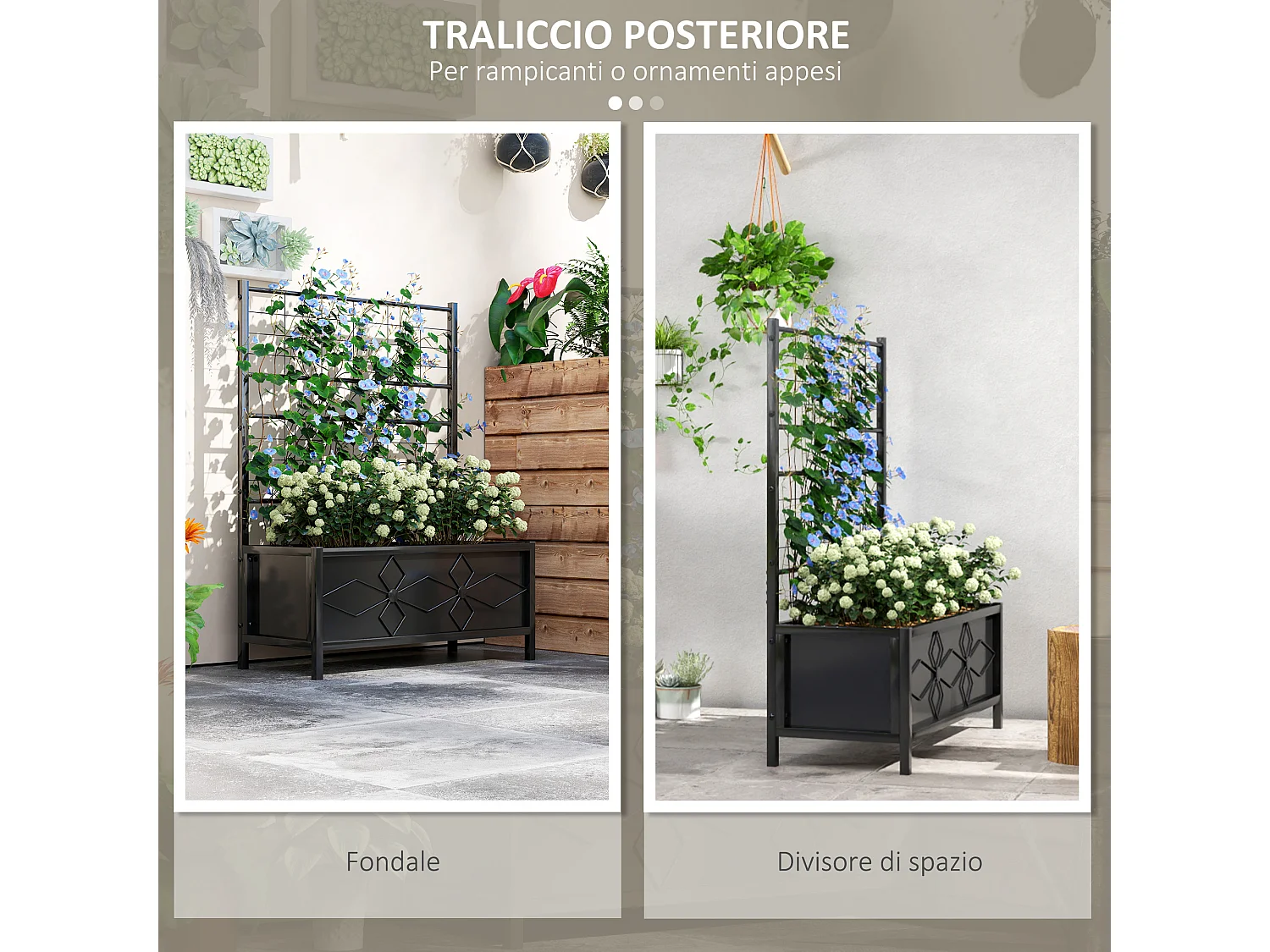 Fioriera con traliccio per rampicanti in acciaio zincato nero