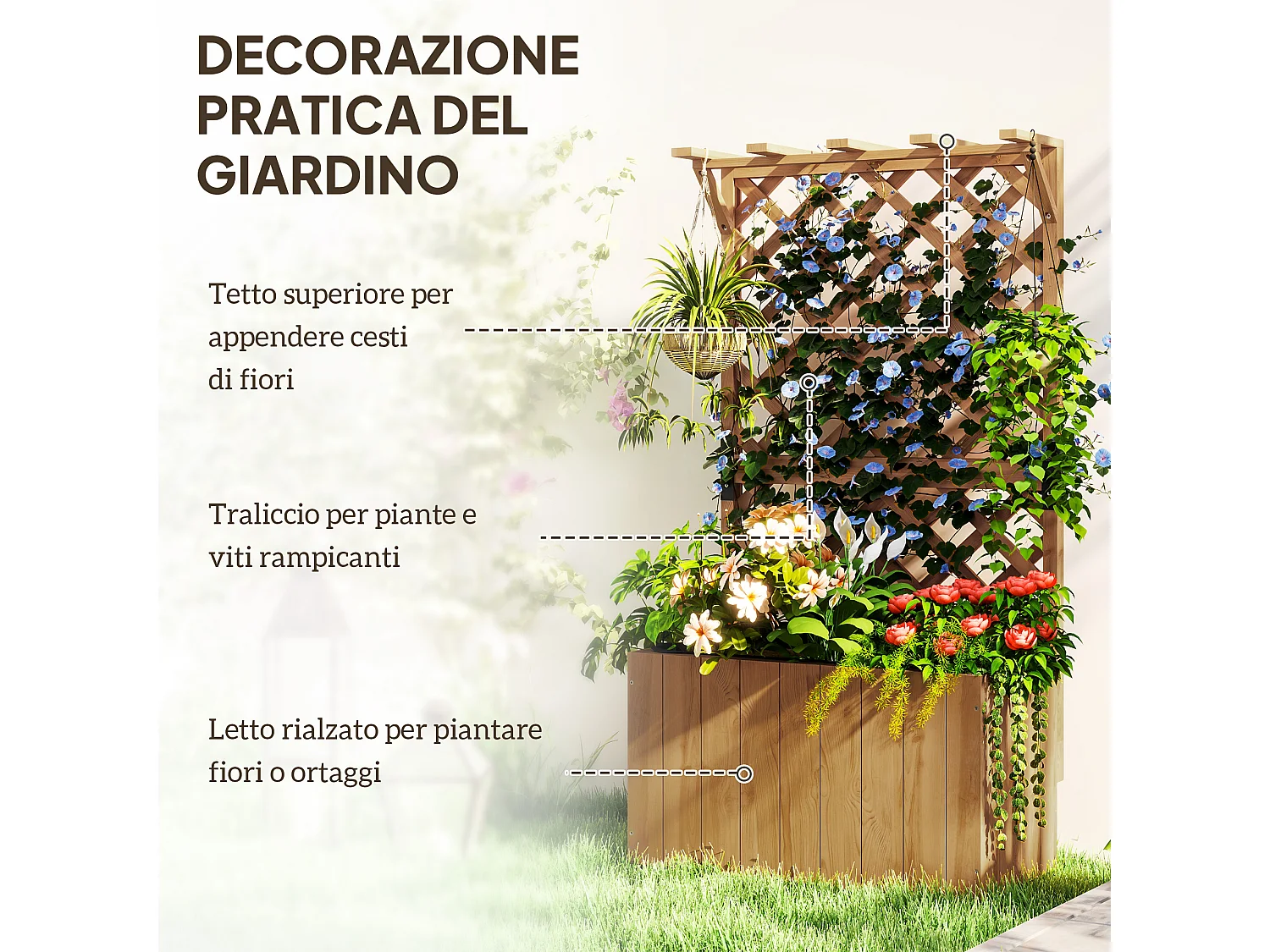 Letto per orto rialzato con traliccio e pergola in legno