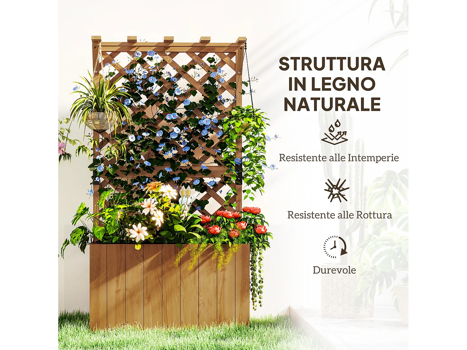 Letto per orto rialzato con traliccio e pergola in legno