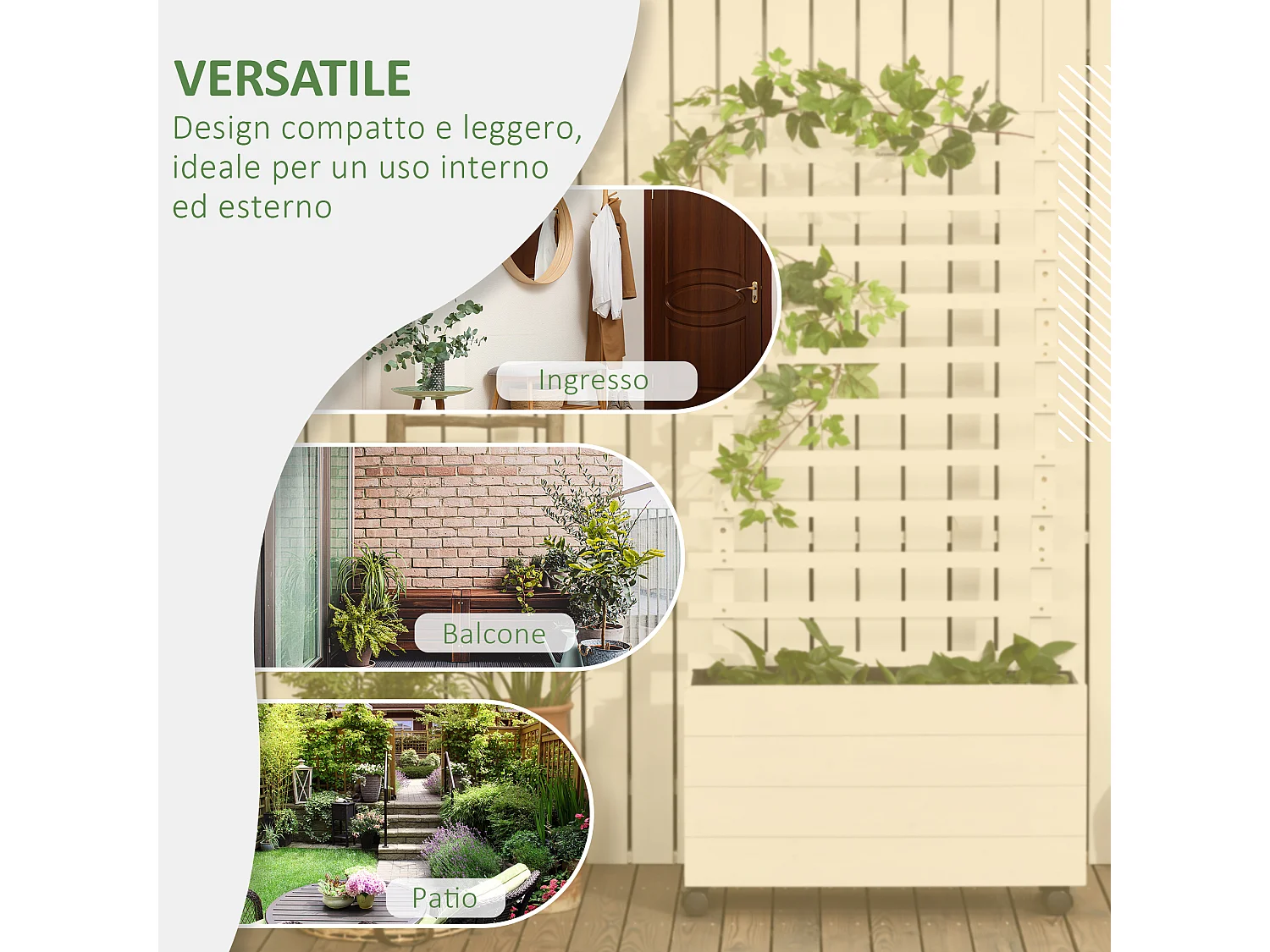 Fioriera verticale con 4 ruote e traliccio per rampicanti