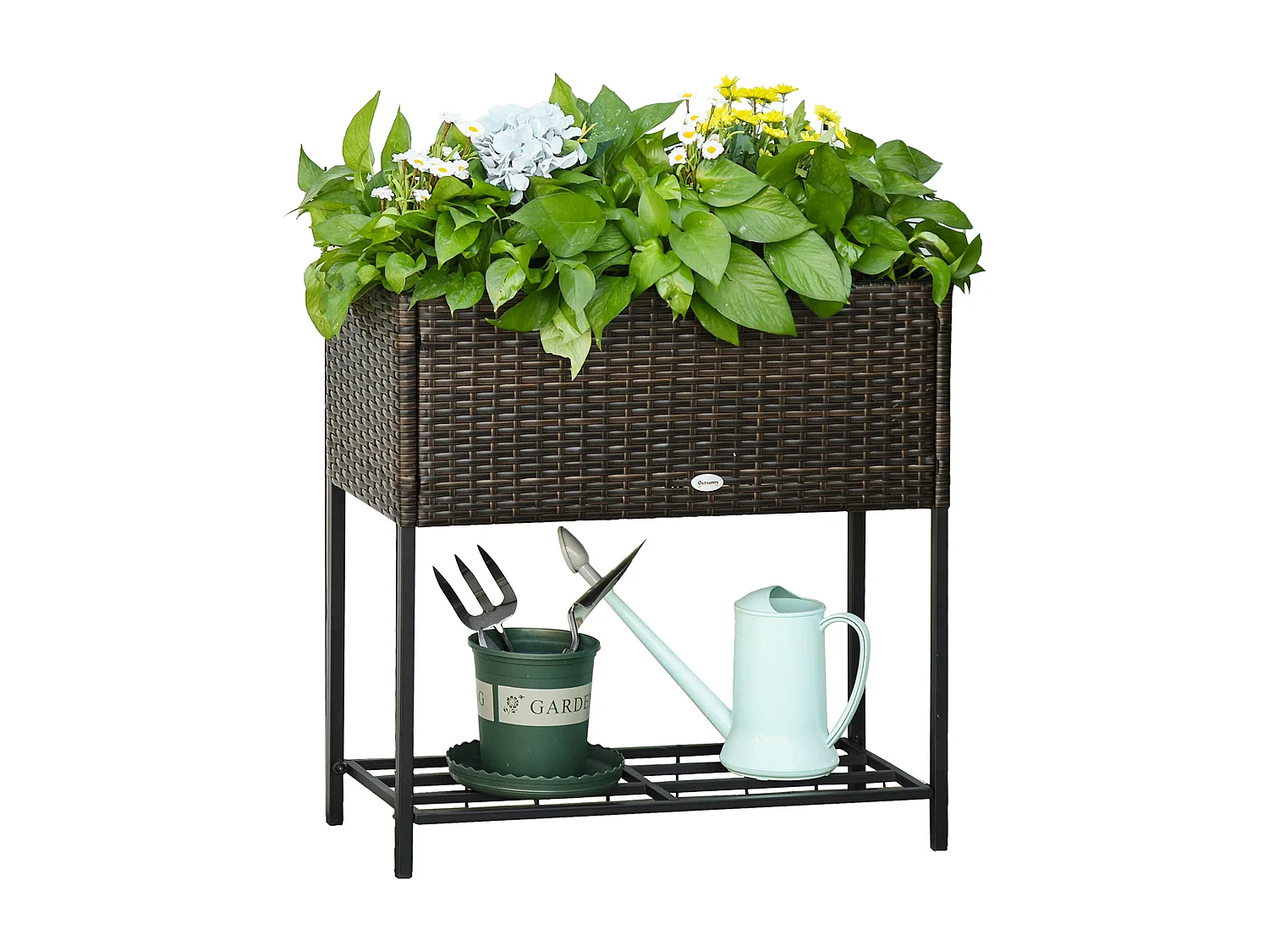 Giardino rialzato fioriera effetto vimini con ripiano metallo marrone