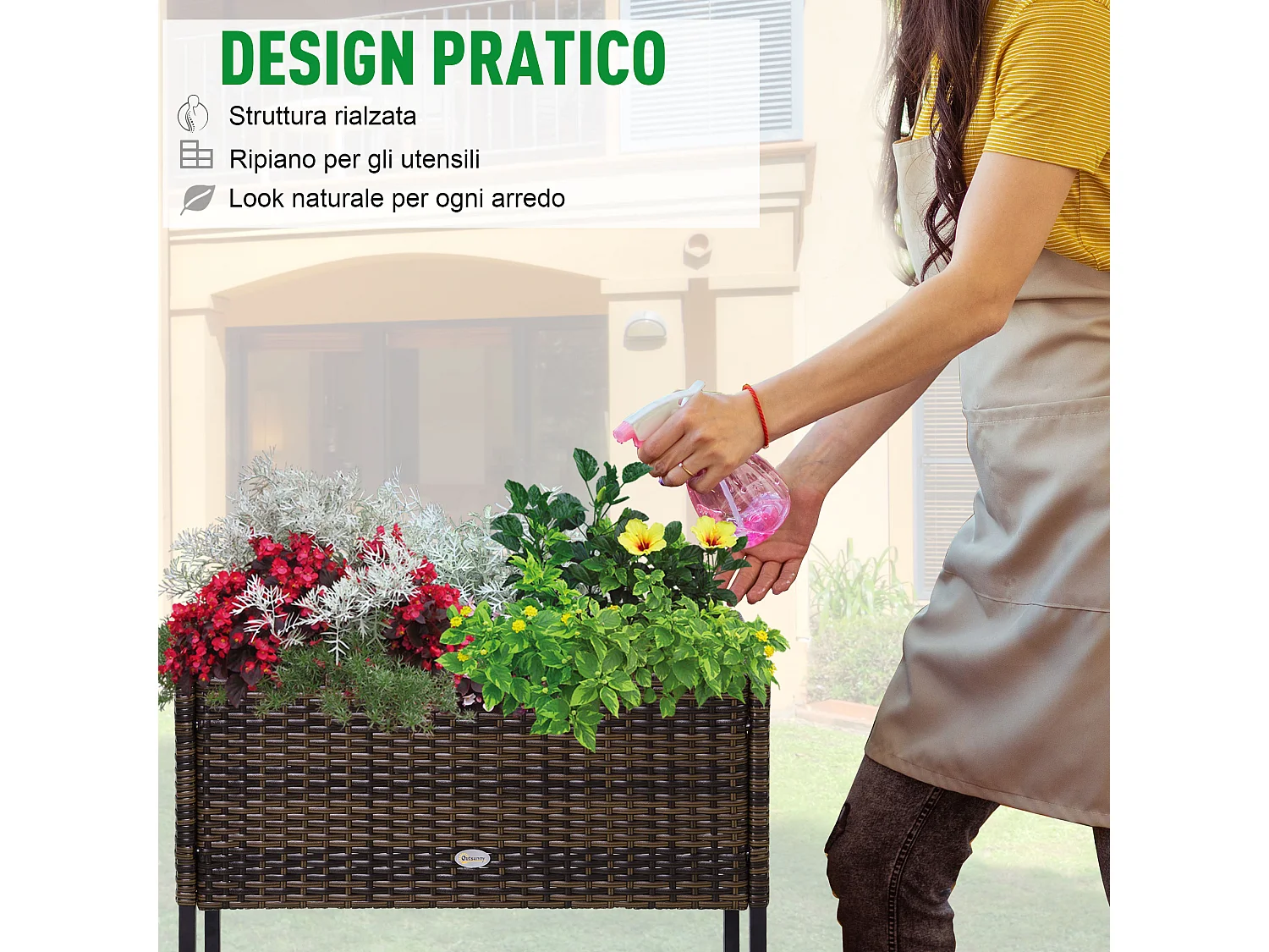 Giardino rialzato fioriera effetto vimini con ripiano metallo marrone