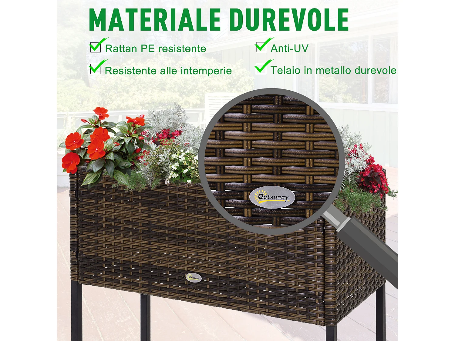 Giardino rialzato fioriera effetto vimini con ripiano metallo marrone