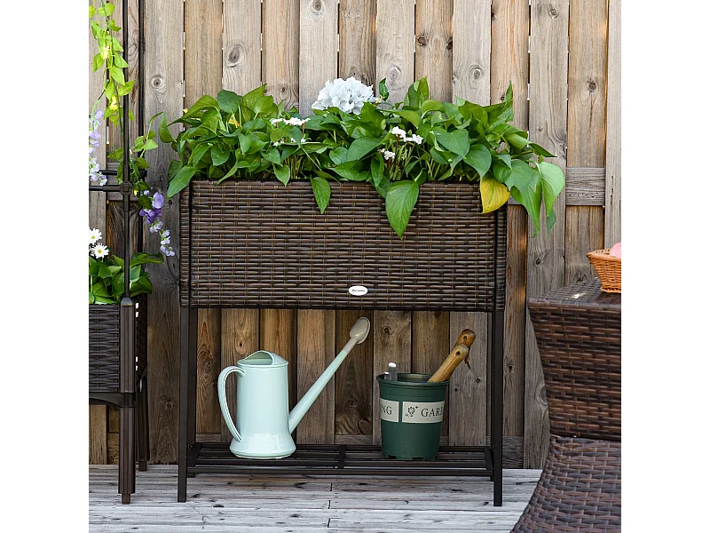 Giardino rialzato fioriera effetto vimini con ripiano metallo marrone