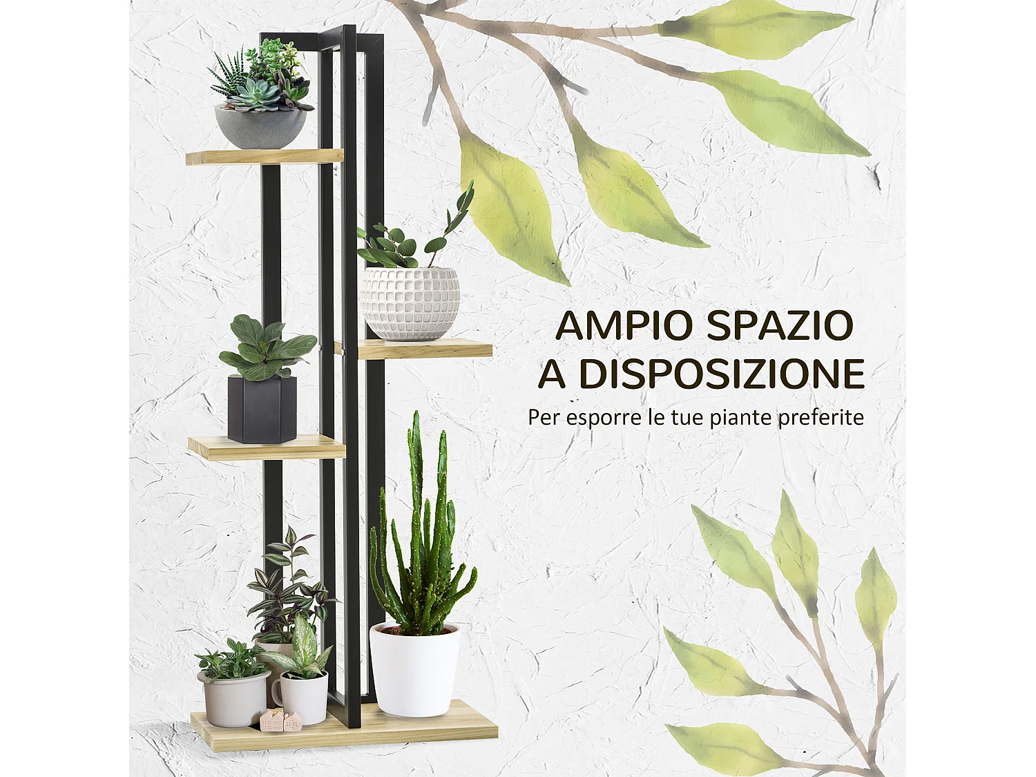 Portapiante a 4 ripiani in stile industriale in legno e metallo nero