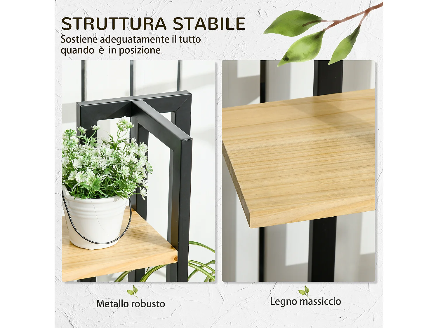 Portapiante a 4 ripiani in stile industriale in legno e metallo nero