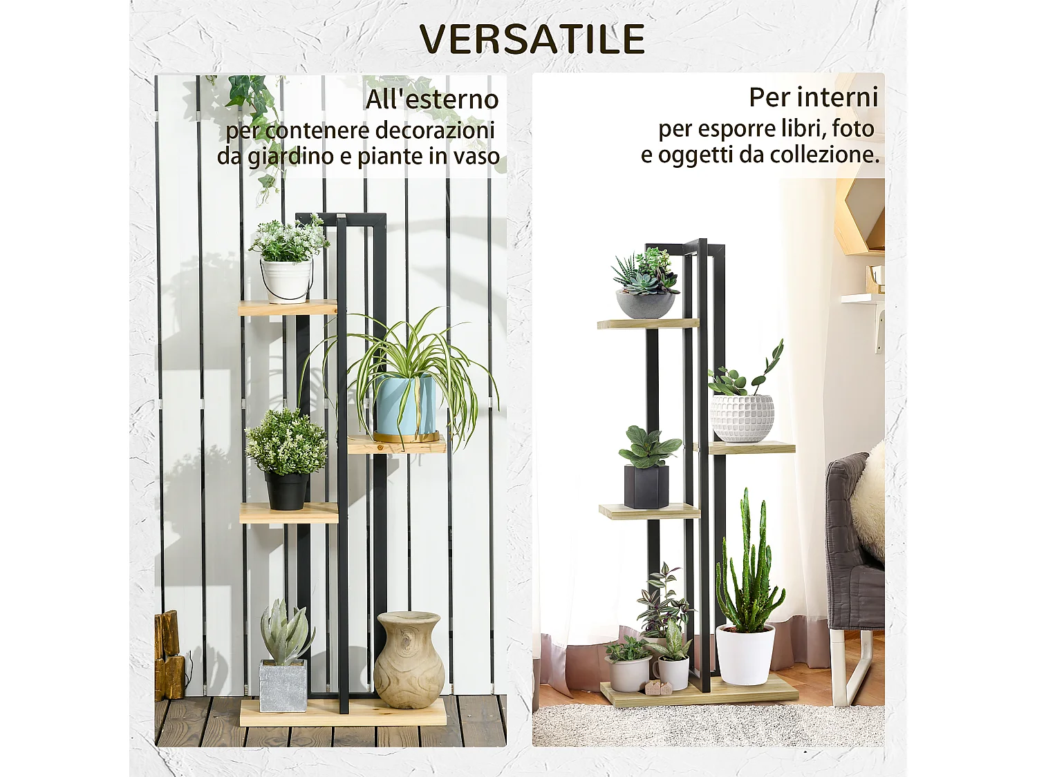 Portapiante a 4 ripiani in stile industriale in legno e metallo nero