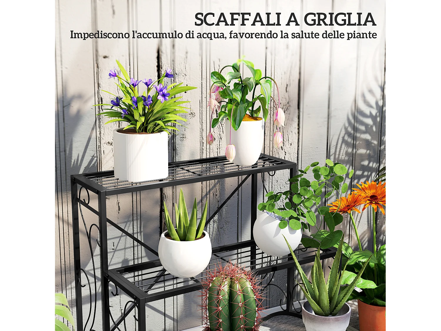 Scaffale portavasi a scaletta 3 livelli per interno ed esterno nero